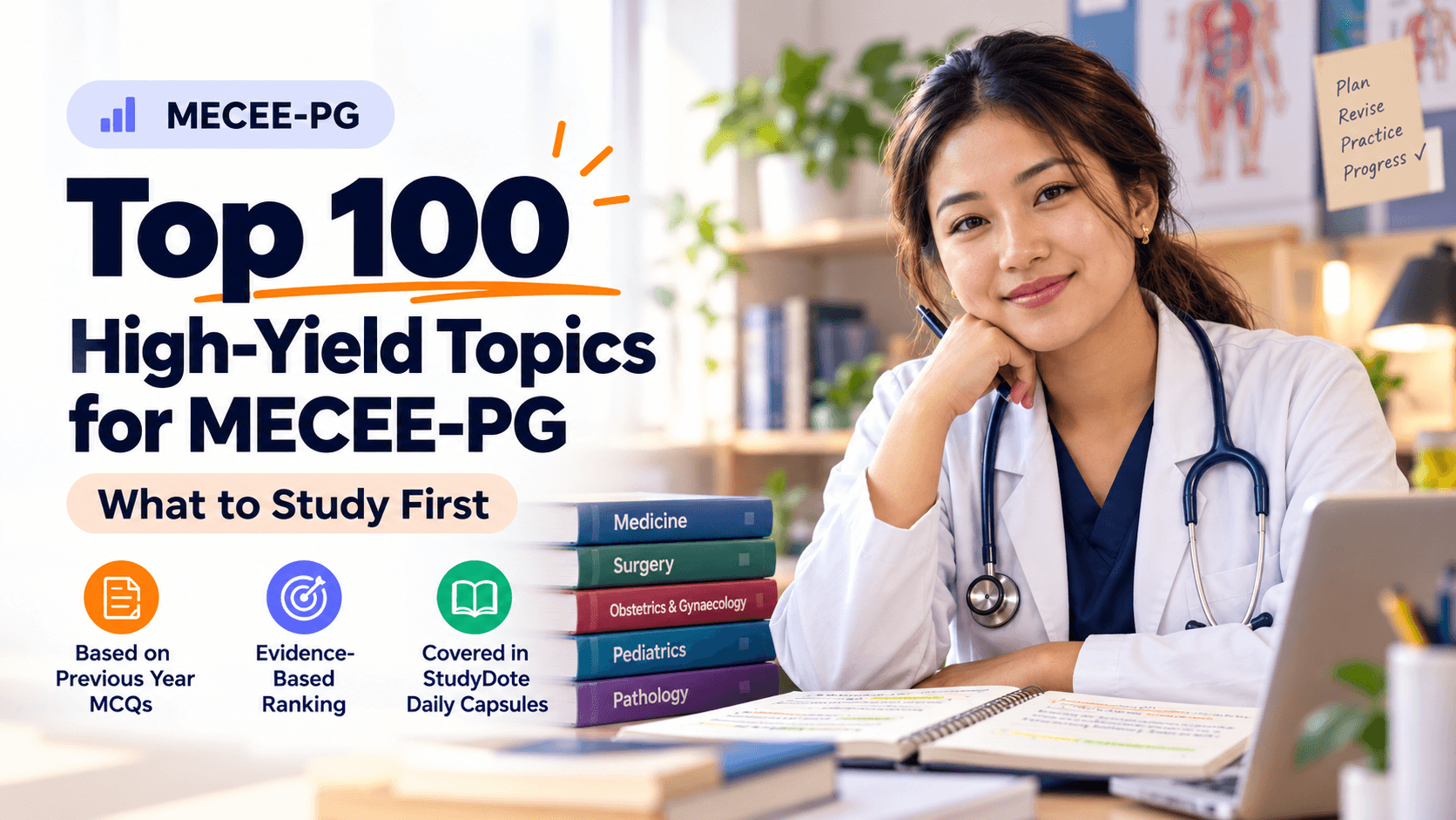 A Nepali female doctor preparing for MECEE-PG, alongside the Top 100 High-Yield Topics and StudyDote Daily Capsules study message