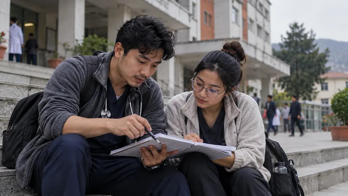 Illustrative image: Two medical trainees reviewing exam preparation notes on campus