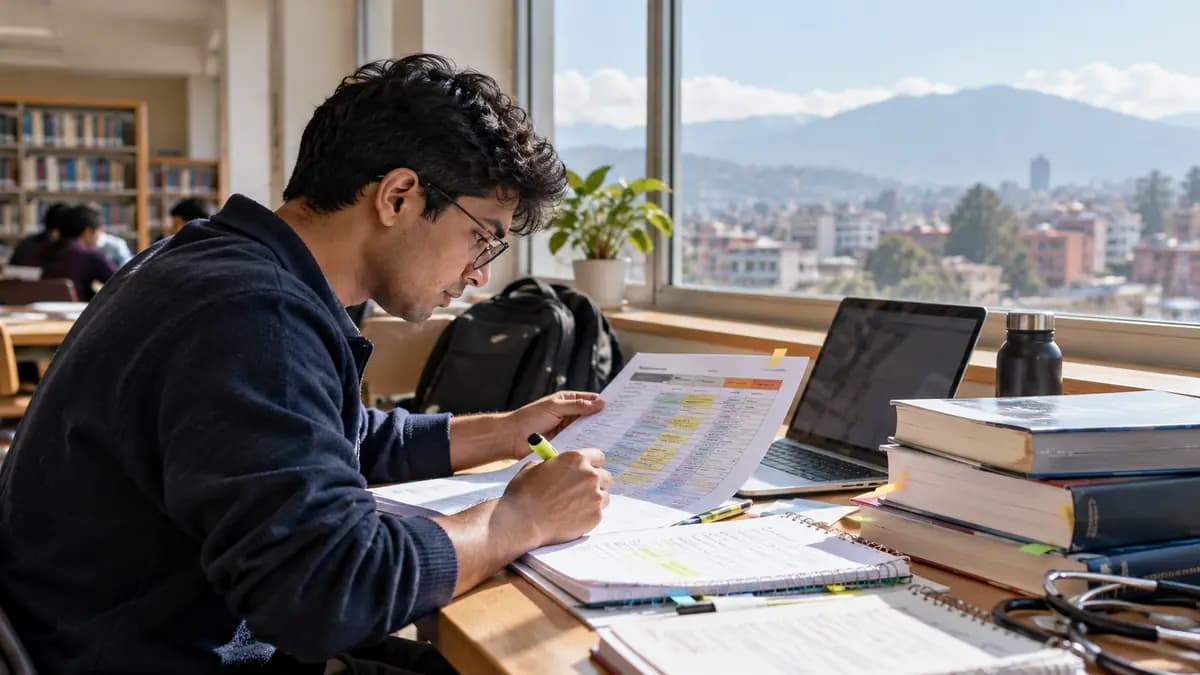 Illustrative image: Medical graduate organizing a subject-wise study plan in the library
